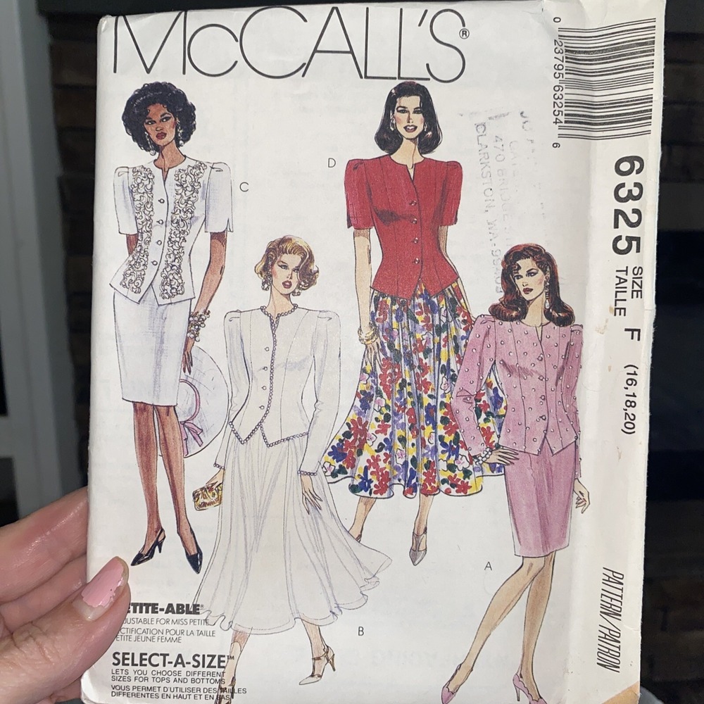 McCalls 6325 Sewing Pattern Womens Sz 16-20 Unlined Jacket Skirts Uncut 1993